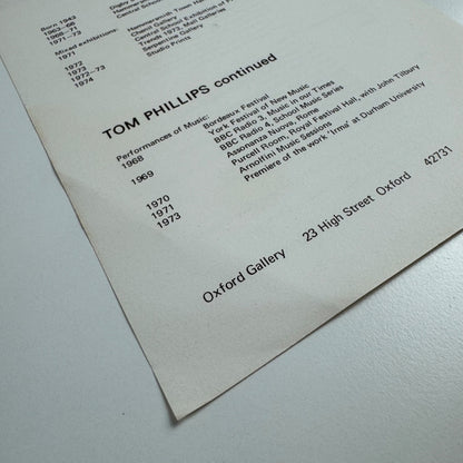 Tom Phillips and Jenny McNulty. Single sheet biographical info for Oxford Gallery, Oxford 1970s