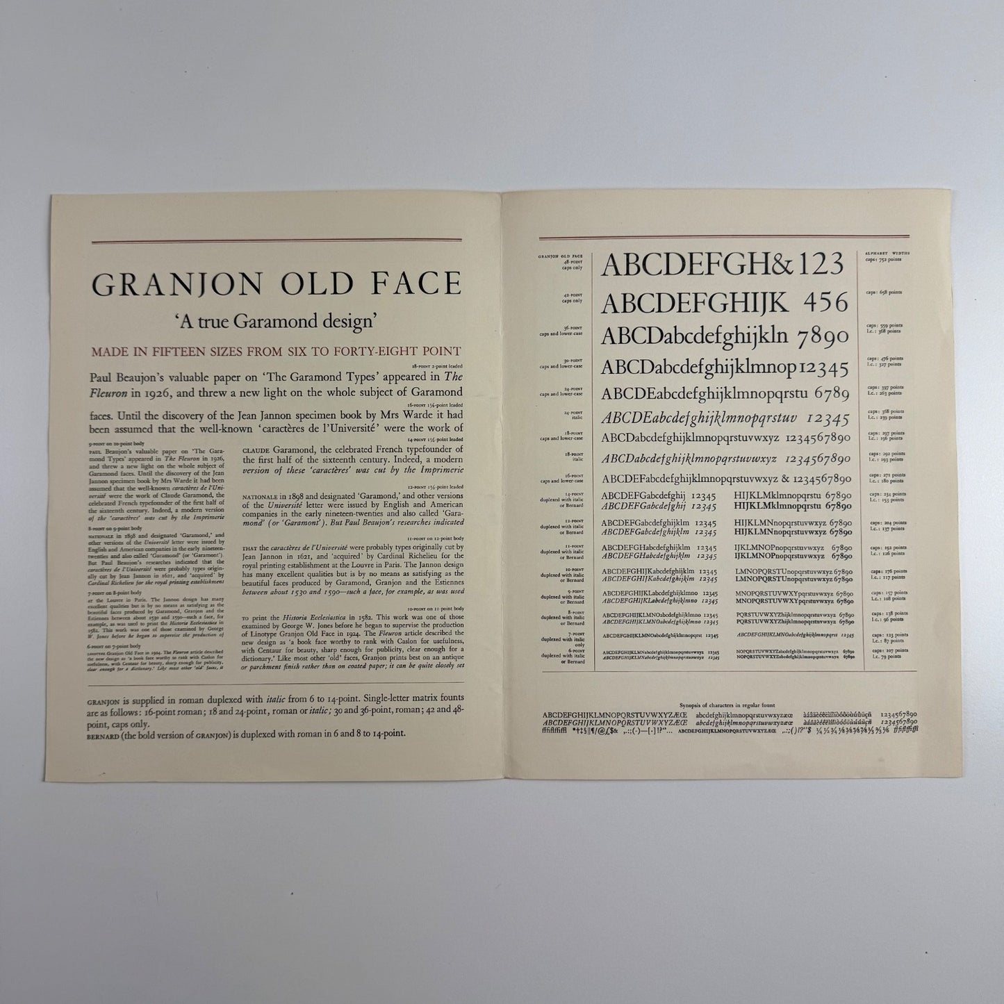 Type specimen sheet: A specimen of a classic book face Linotype Granjon Old Face, 1963