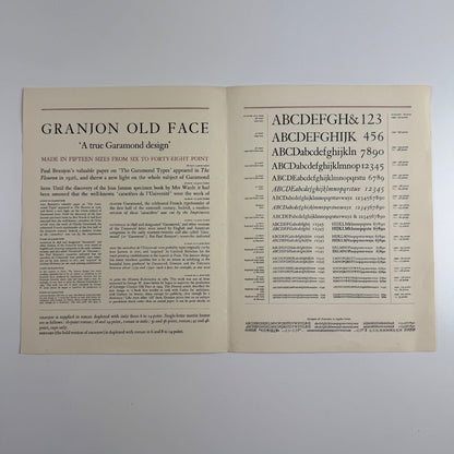 Type specimen sheet: A specimen of a classic book face Linotype Granjon Old Face, 1963
