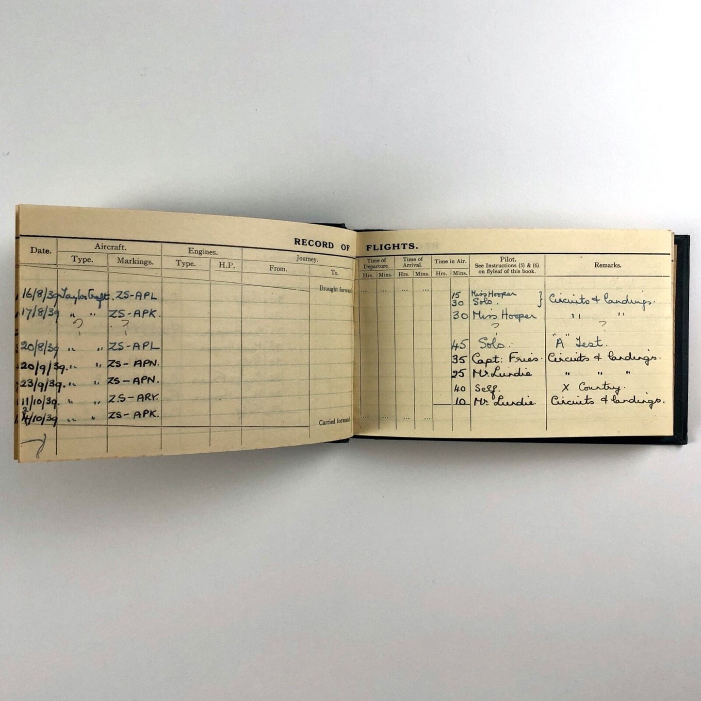 Rhona Reginalda Podd – Flight log-book from 1939
