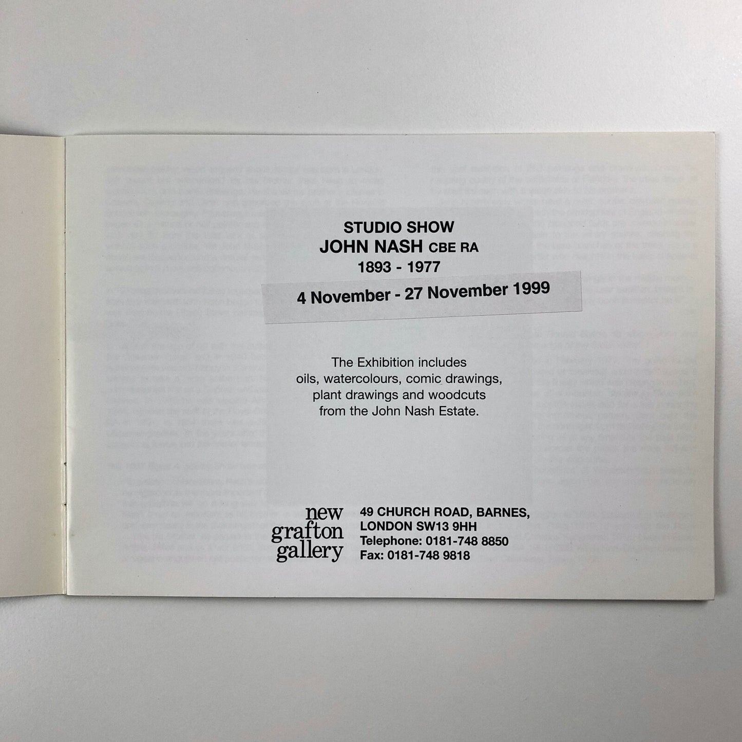 John Nash Studio Show | New Grafton Gallery catalogue, November 1999