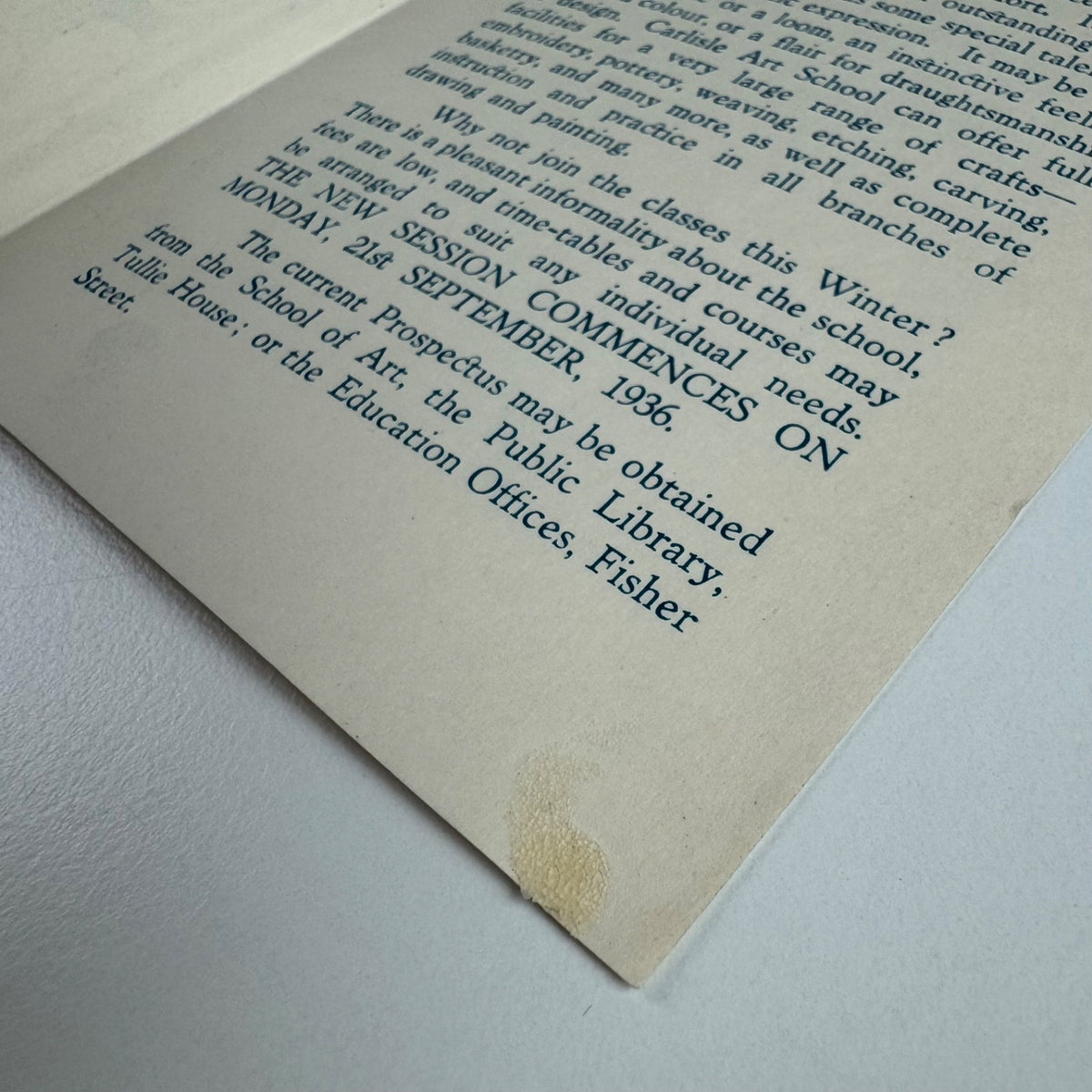 Small leaflet to promote Carlisle Art School evening classes, 1936