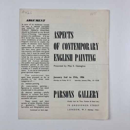 Aspects of Contemporary English Painting presented by Miss Effie Damoglou | Parsons Gallery, January 1956