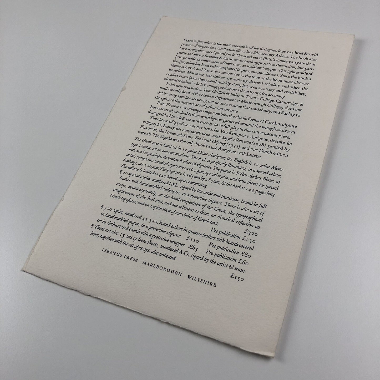 Prospectus: Symposium of Plato Tom Griffith, Peter Forster Libanus Press, 1986