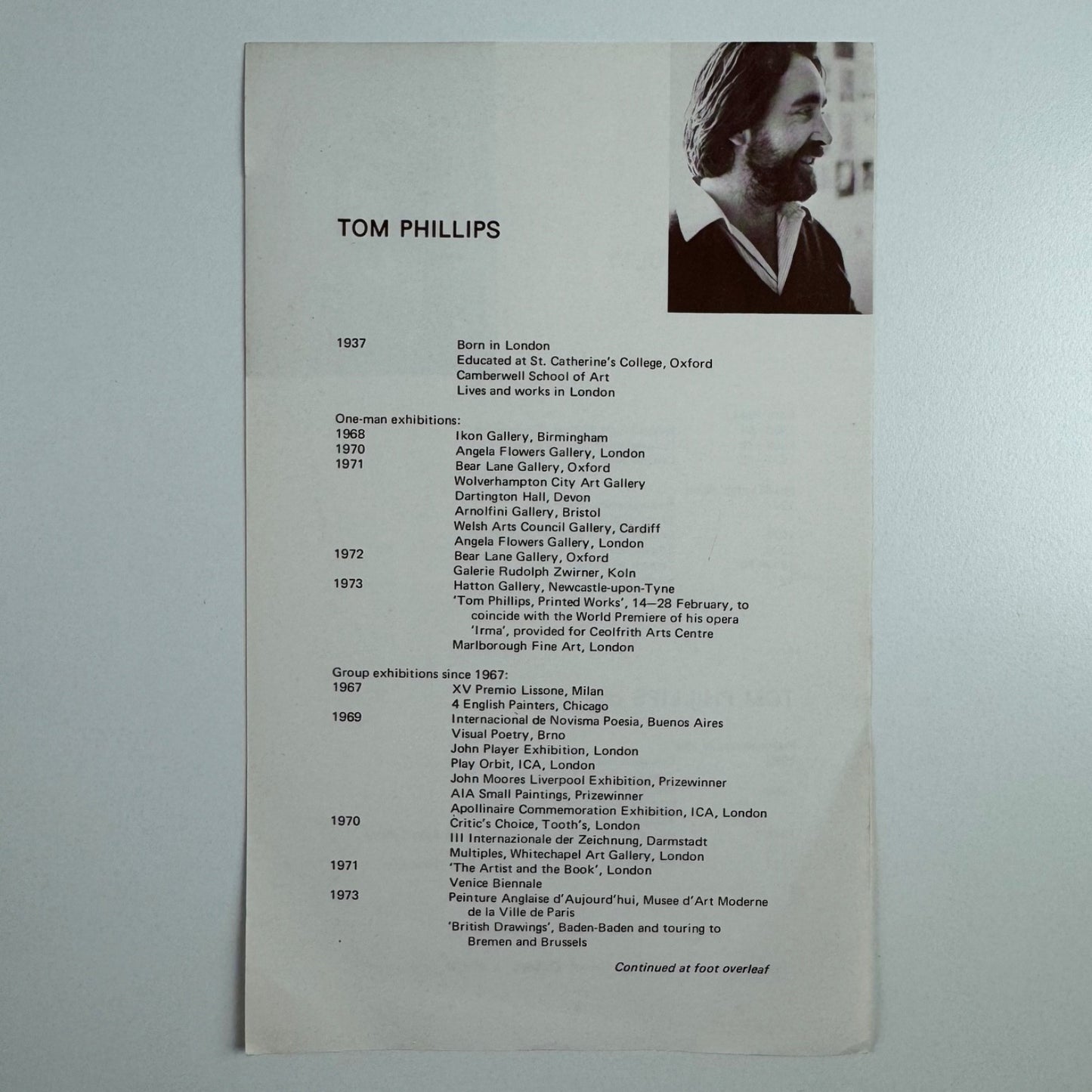 Tom Phillips and Jenny McNulty. Single sheet biographical info for Oxford Gallery, Oxford 1970s
