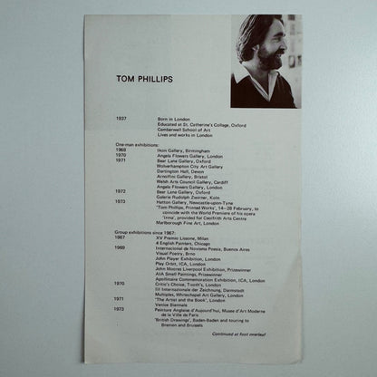 Tom Phillips and Jenny McNulty. Single sheet biographical info for Oxford Gallery, Oxford 1970s