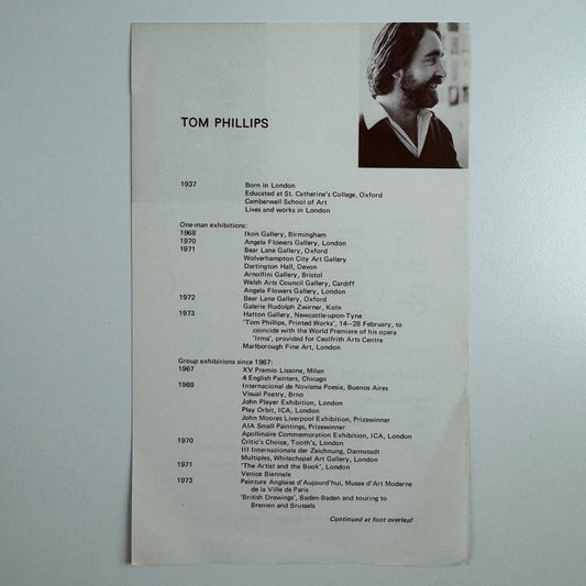 Tom Phillips and Jenny McNulty. Single sheet biographical info for Oxford Gallery, Oxford 1970s