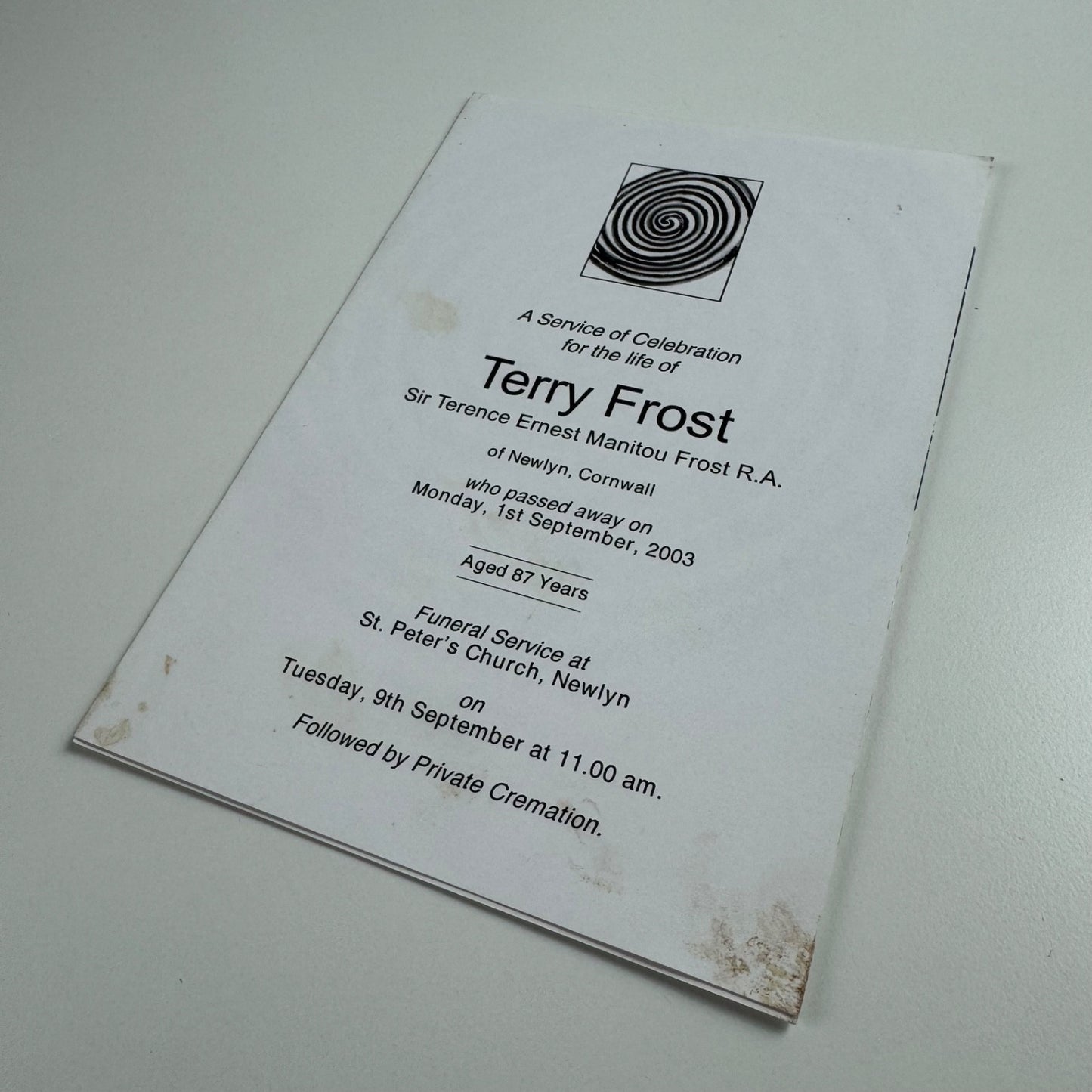 Service of Celebration leaflet for the life of Terry Frost St Peter’s Church Newlyn 2003