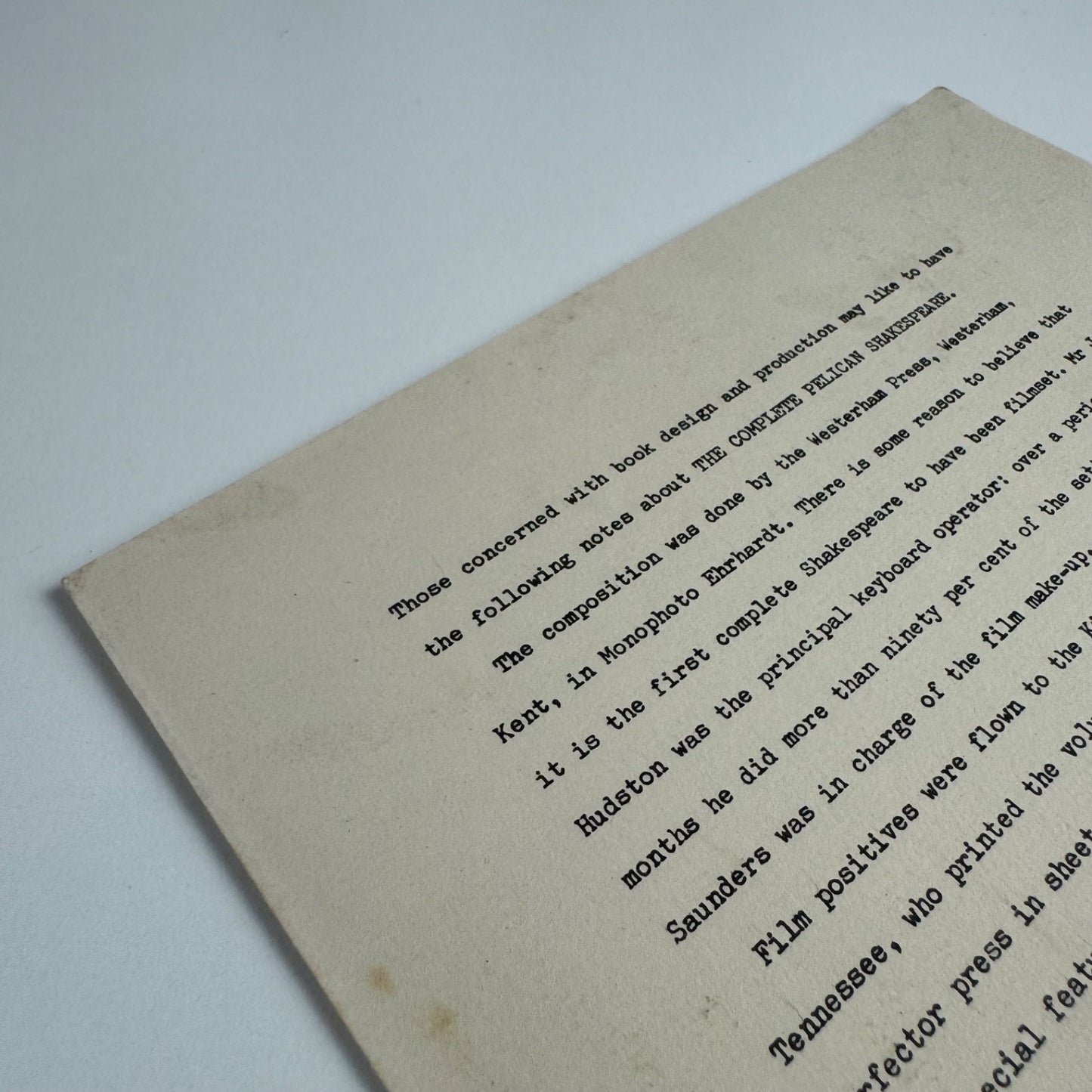 Leaflet: notes by Hans Schmoller on the Complete Pelican Shakespeare, c.1969