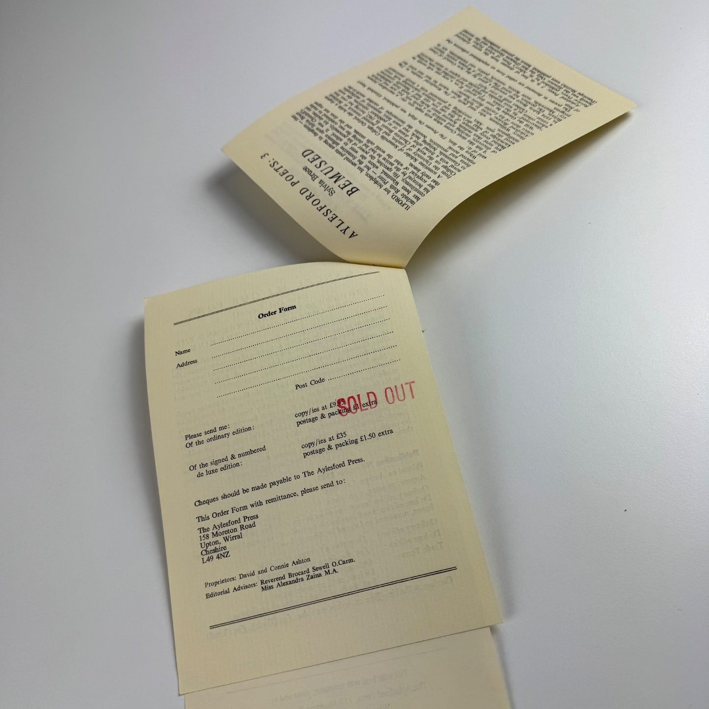 Four leaflets/order forms for The Aylesford Press books, c. 1988/9