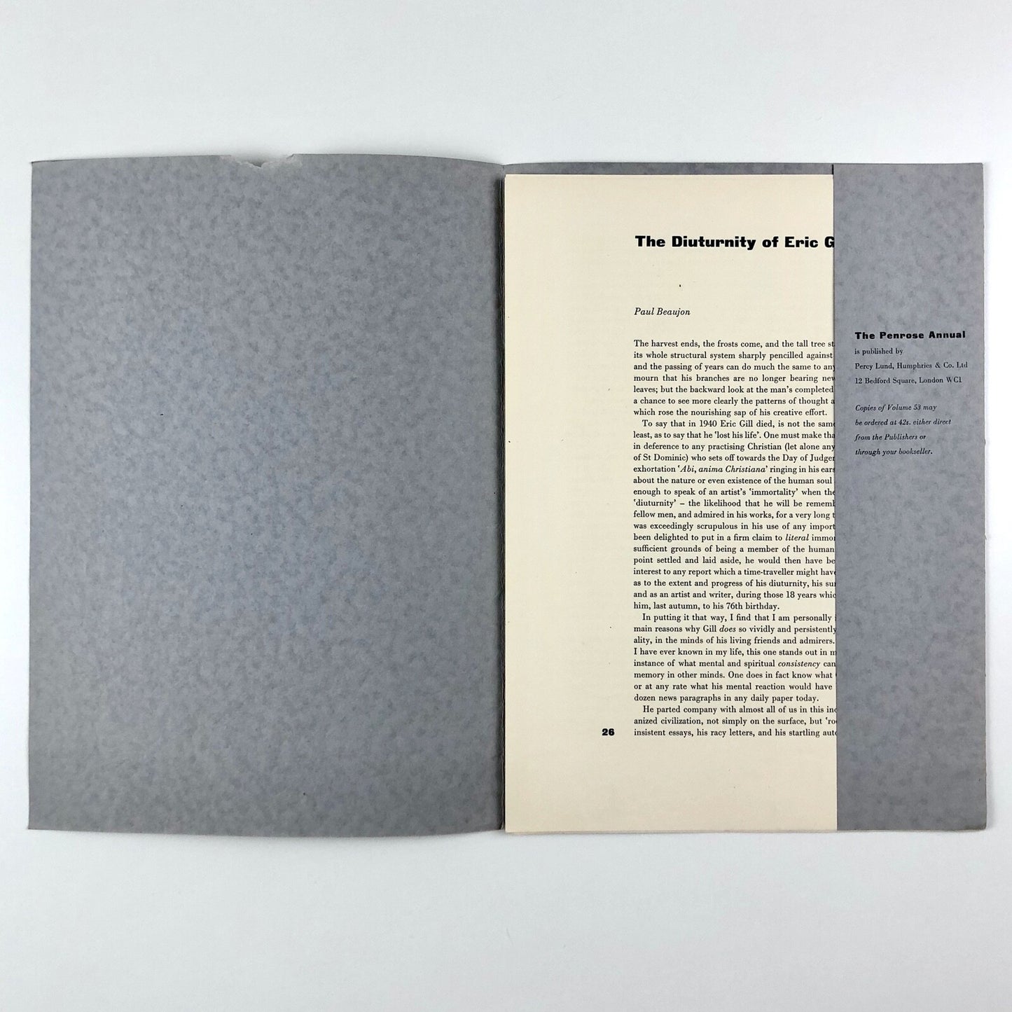 The Diuternity of Eric Gill | Paul Beaujon / Beatrice Warde offprint | Penrose Annual