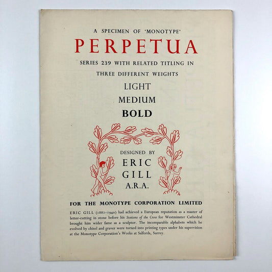 Perpetua, designed by Eric Gill | Monotype Corporation type specimen broadsheet