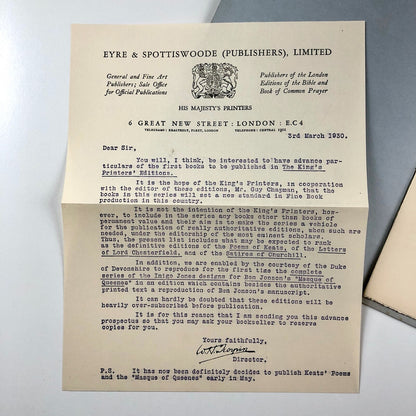 The first prospectus of The King’s Printers’ Editions 1930 Eyre & Spottiswoode