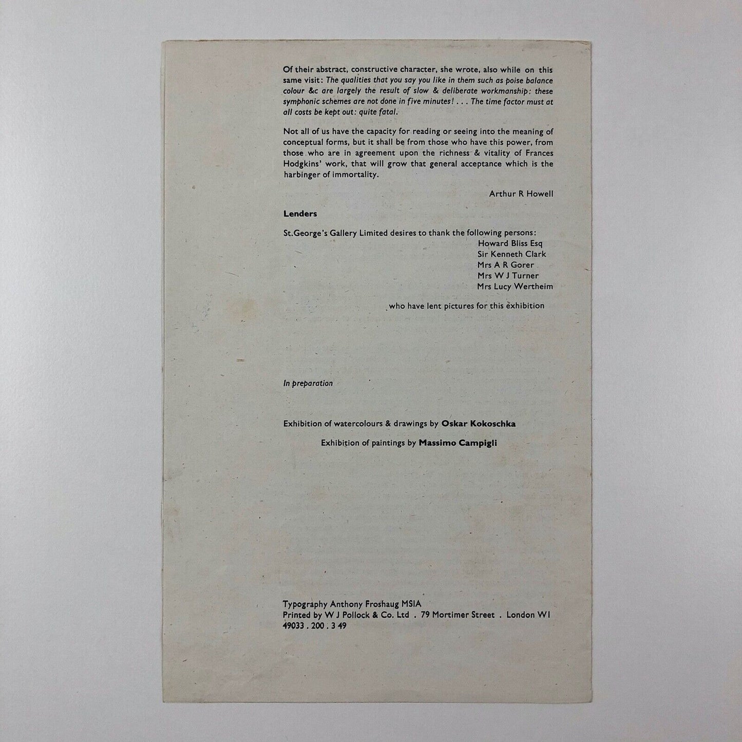 Homage to Frances Hodgkins paintings, watercolours, drawings | St George's Gallery, London, 1949 | typography by Anthony Froshaug