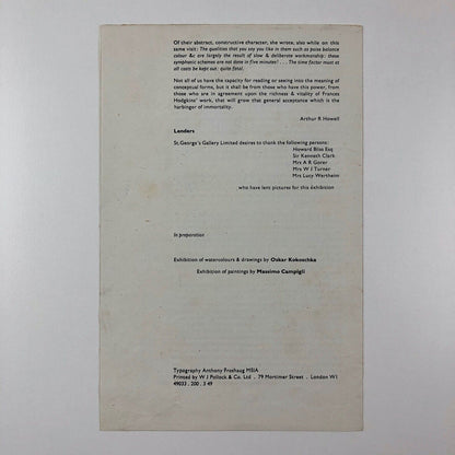 Homage to Frances Hodgkins paintings, watercolours, drawings | St George's Gallery, London, 1949 | typography by Anthony Froshaug