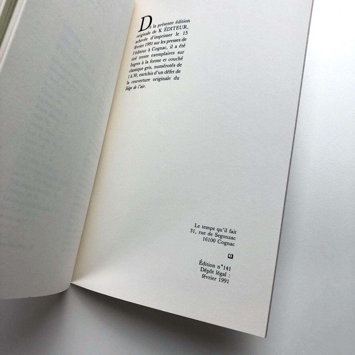 K éditeur par Alain Gheerbrant & Léon Aichelbaum | Le temps qu'il fait, 1991