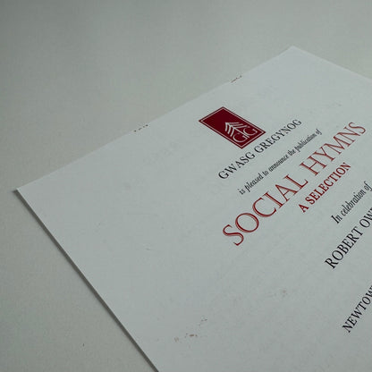 Leaflet for Social Hymns. A Selection in celebration of Robert Owen | Gwasg Gregynog