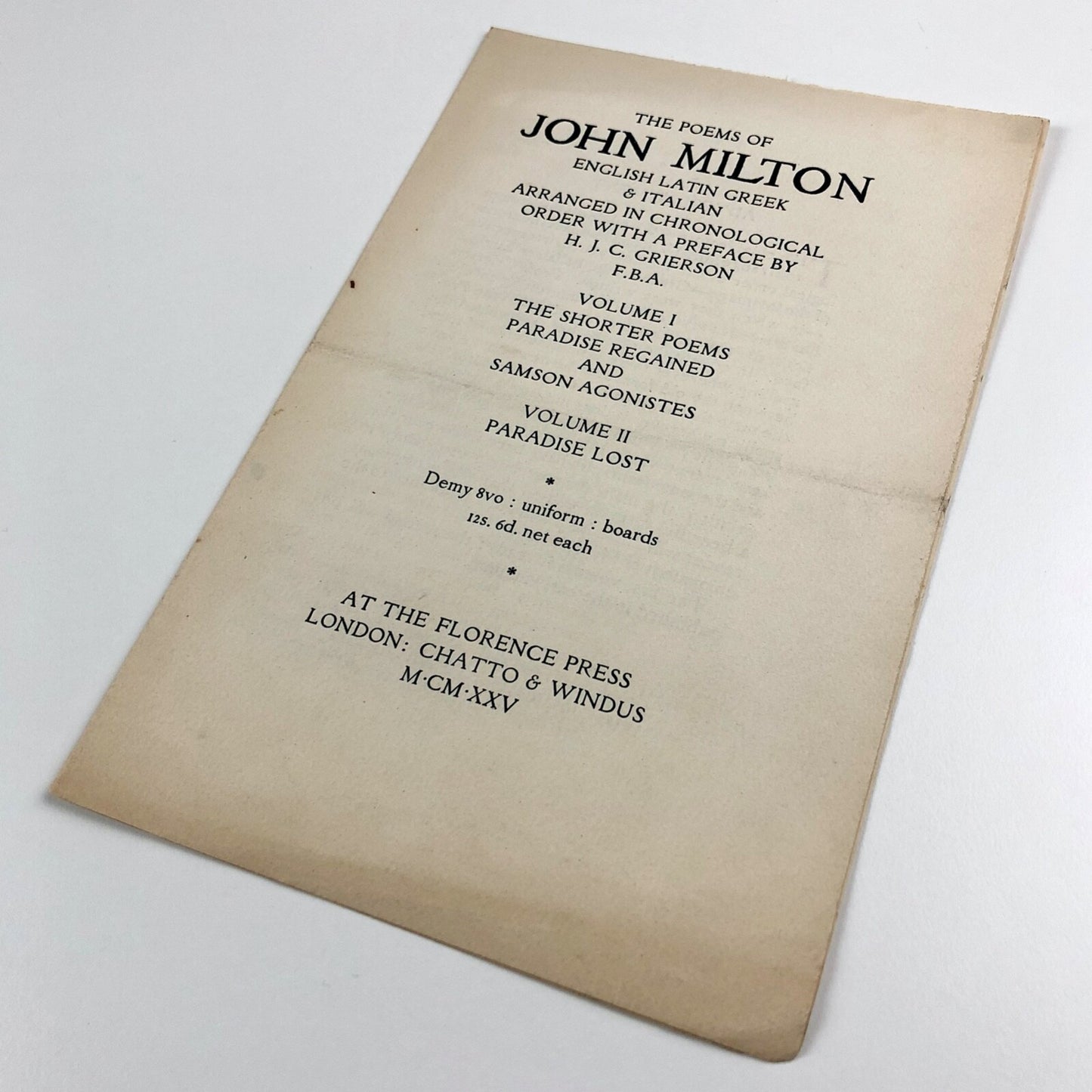 The Poems of John Milton prospectus / specimen page | Florence Press, Chatto & Windus, 1925