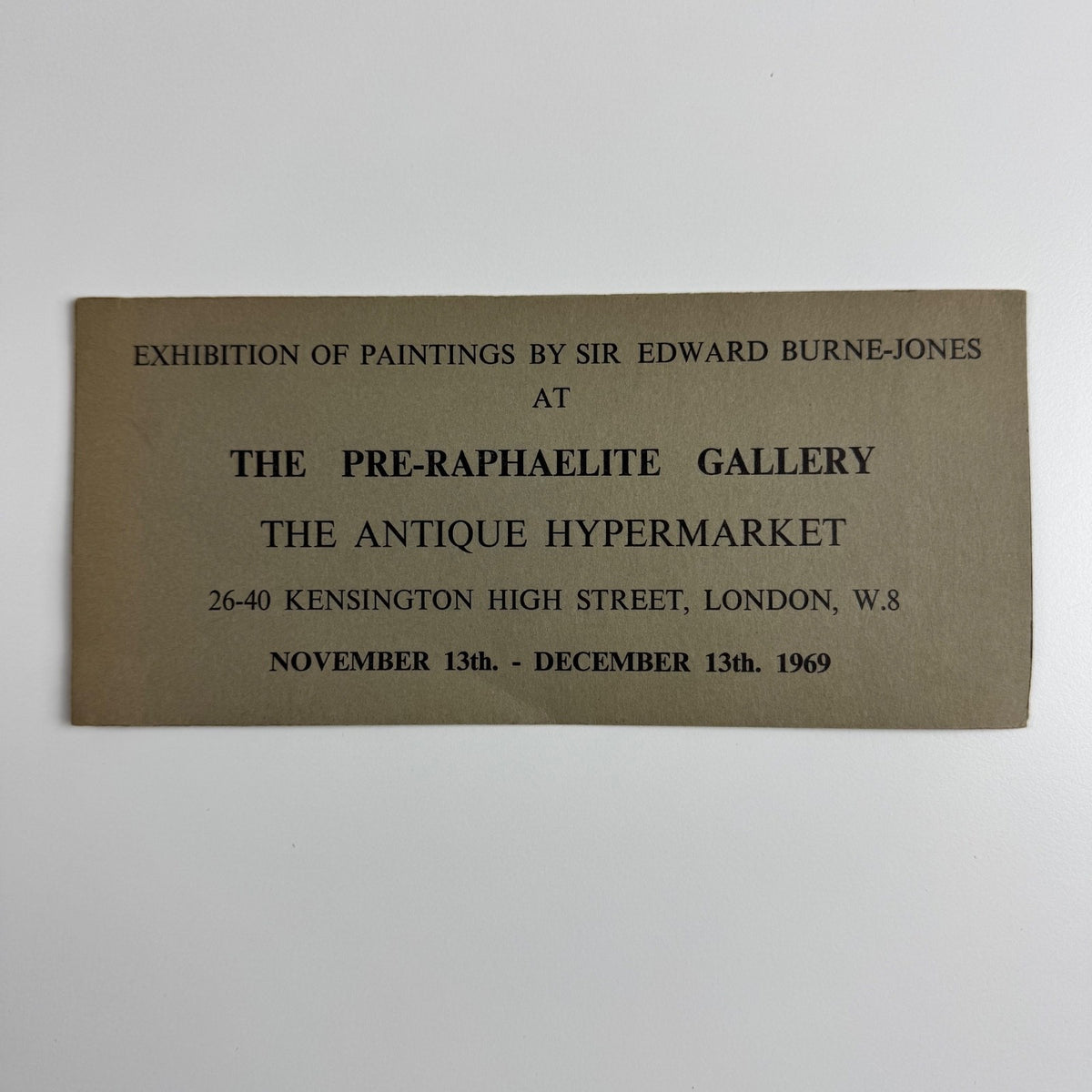 Leaflet for the exhibition Paintings by Sir Edward Burne-Jones | Pre-Raphaelite Gallery, Antique Hypermarket, London 1969