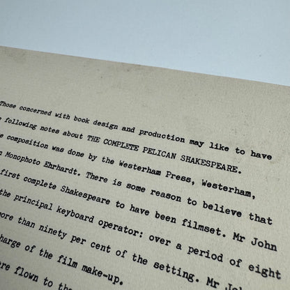 Leaflet: notes by Hans Schmoller on the Complete Pelican Shakespeare, c.1969
