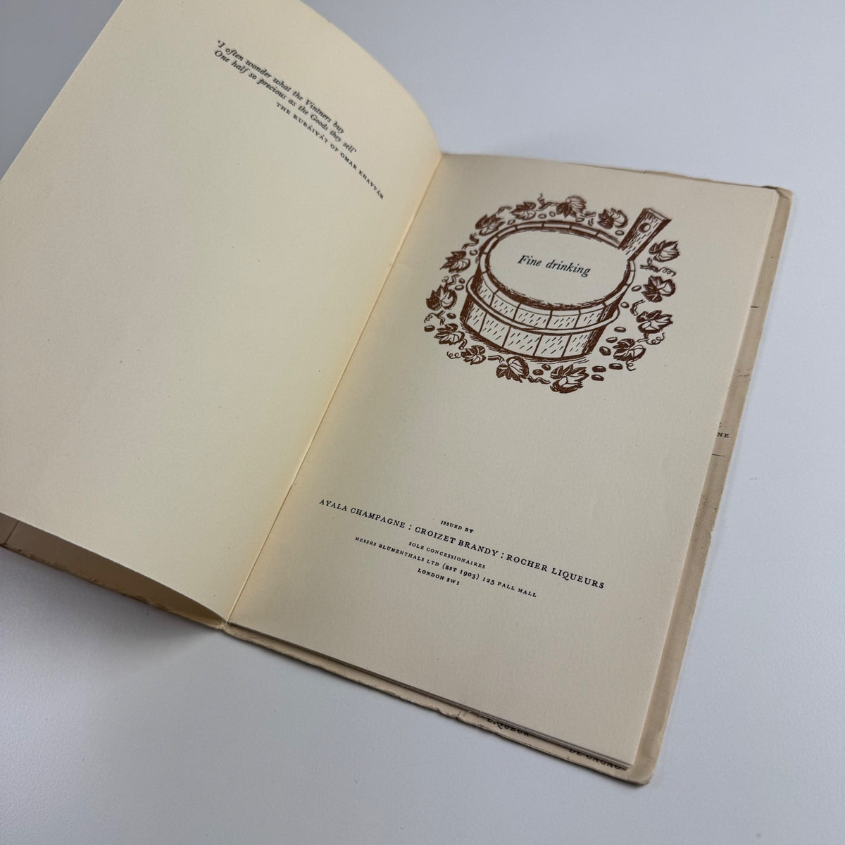 Fine Drinking: Ayala Champagne, Croizet Brandy, Rocher Liquers. Messrs Blumenthals, London, 1949 Printed at the  Curwen Press