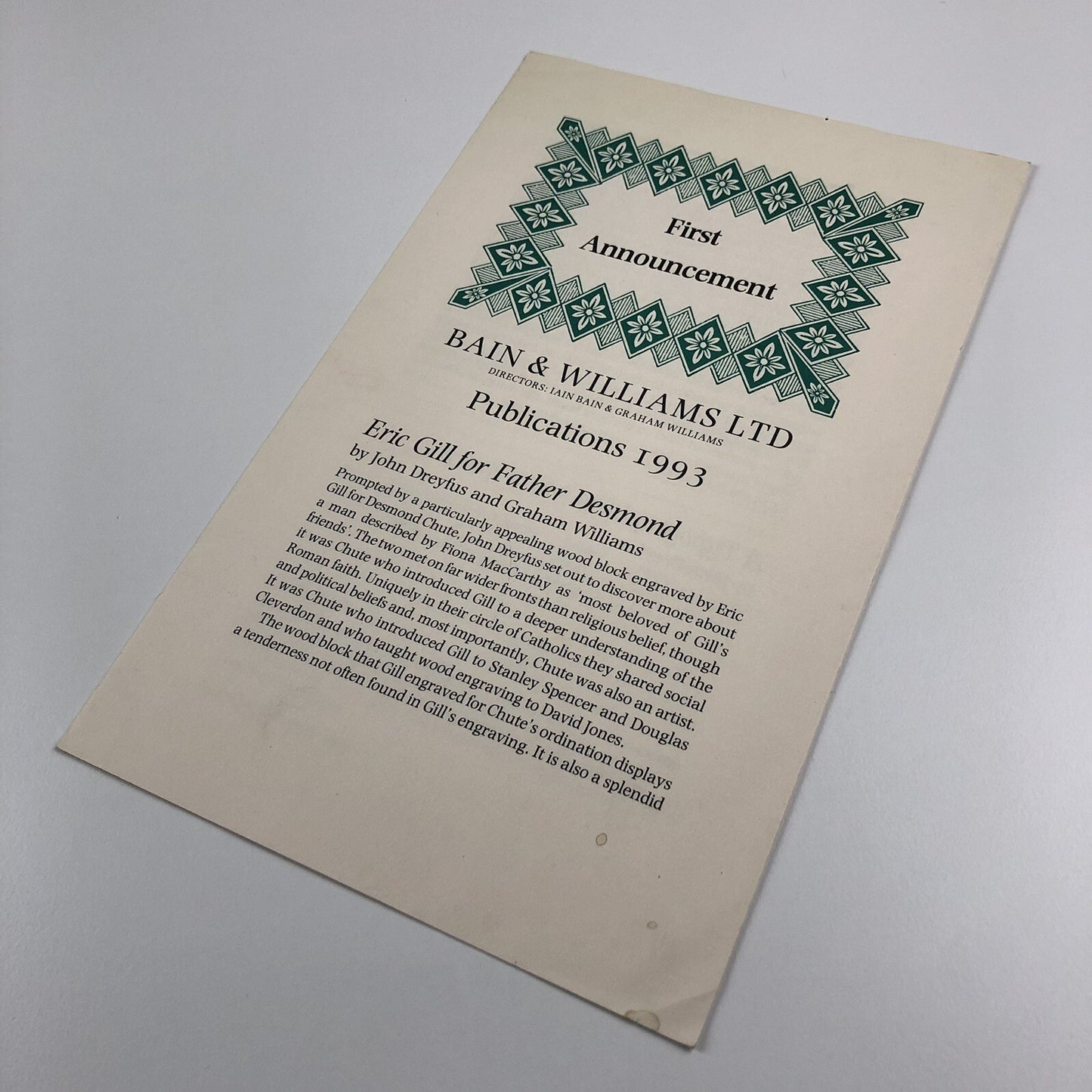 Promotional leaflet – Bain & Williams publications 1993 | Eric Gill, John Dreyfus