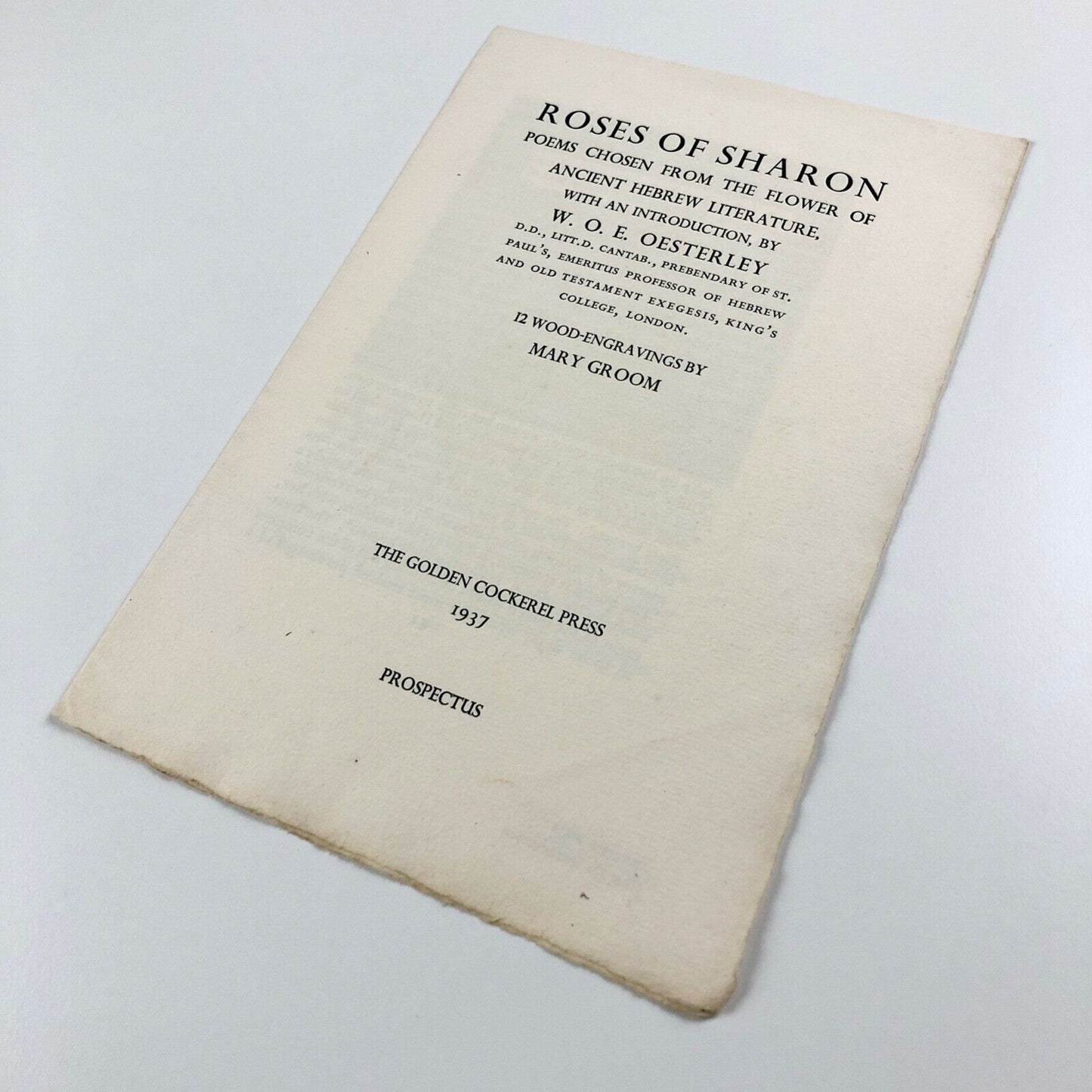 Prospectus Roses of Sharon W.O.E Oesterley | Mary Groom | Golden Cockerel Press, 1937