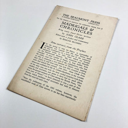 Prospectus for Madrigals & Chronicles by John Clare | The Beaumont Press c.1924