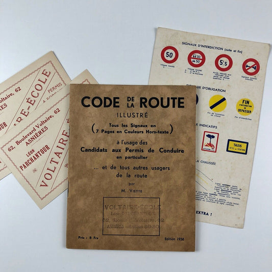 Code de la Route 1936 French Highway Code booklet | motoring ephemera including two advertising cards for Voltaire-Ecole Leon Parchantour