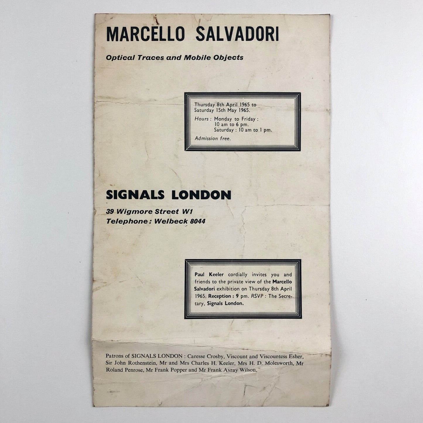 Marcello Salvadori. Optical Traces and Mobile Objects | Signals London, 1965 exhibition card