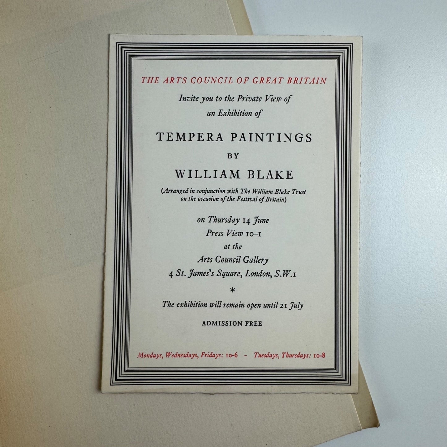 Tempera Paintings by William Blake | Festival of Britain and William Blake Trust Arts Council 1951 includes private view invite