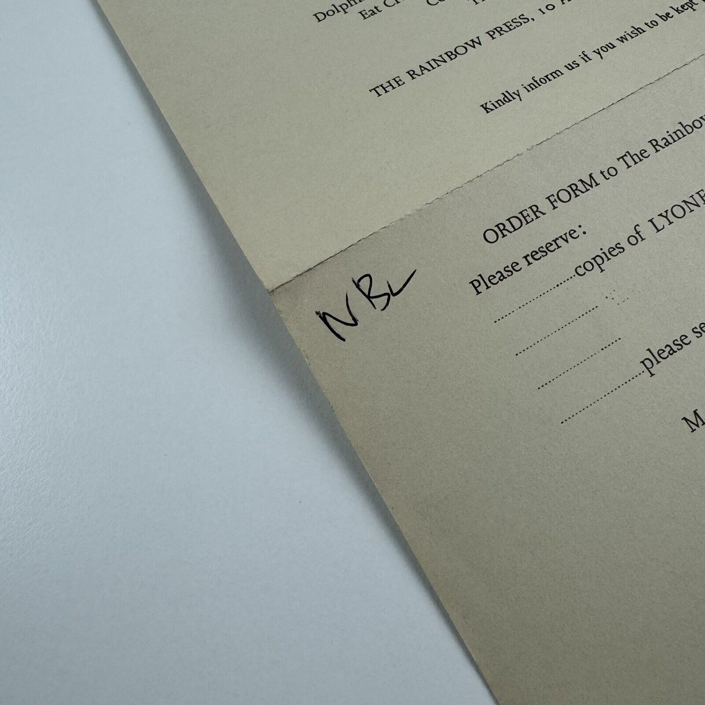 Order form for The Rainbow Press Lyonnesse by Sylvia Plath c.1971