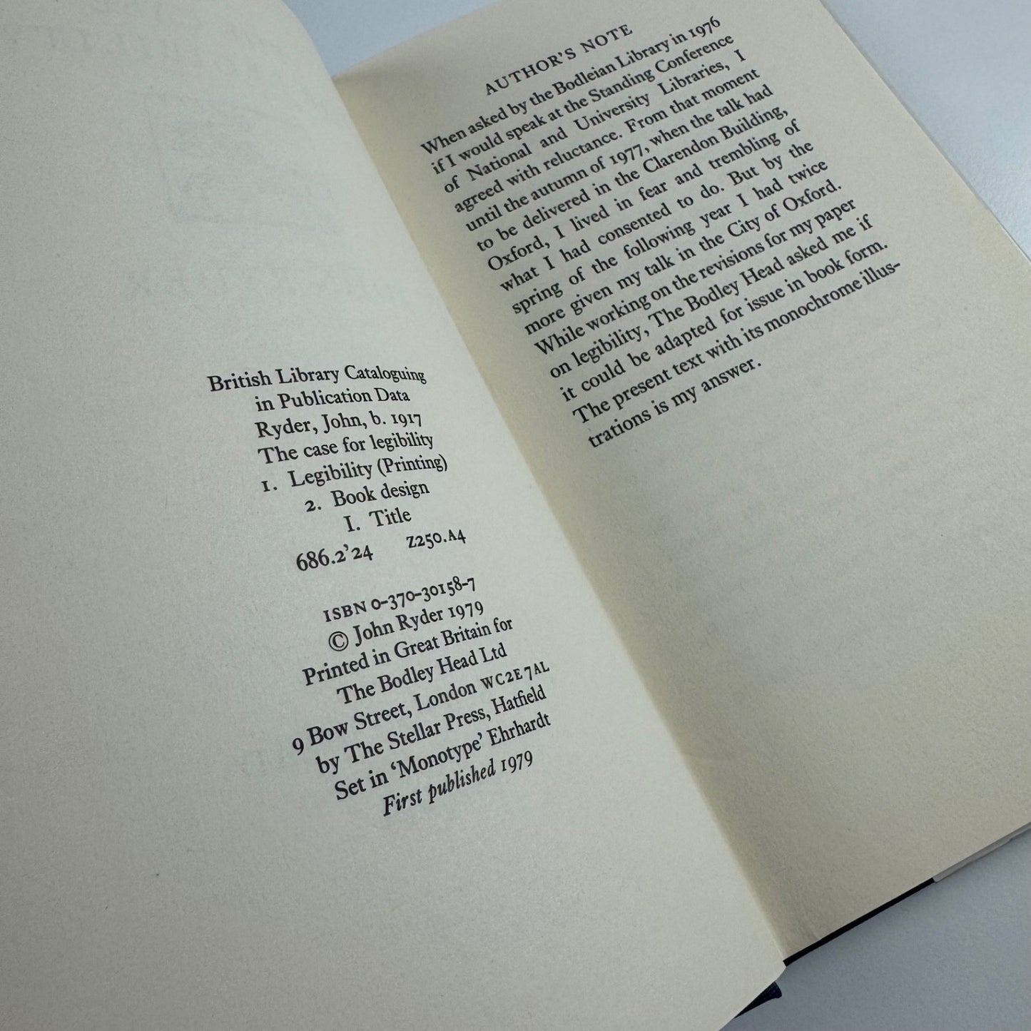 The Case for Legibility by John Ryder | The Bodley Head, 1979