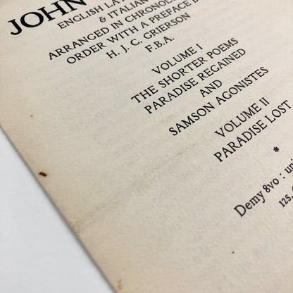 The Poems of John Milton prospectus / specimen page | Florence Press, Chatto & Windus, 1925
