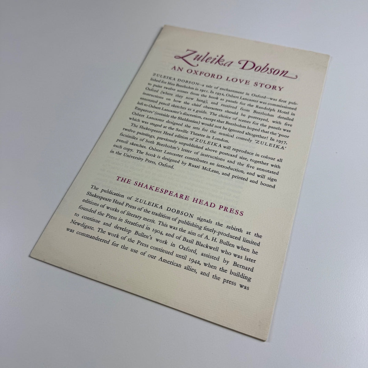 Prospectus for Zulieka Dobson | The Shakespeare Head Press, 1975