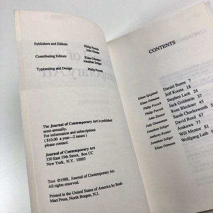 Journal of Contemporary Art. Volume 1 Number 1 First Issue Spring 1988 eds. Philip Pocock and John Zinsser