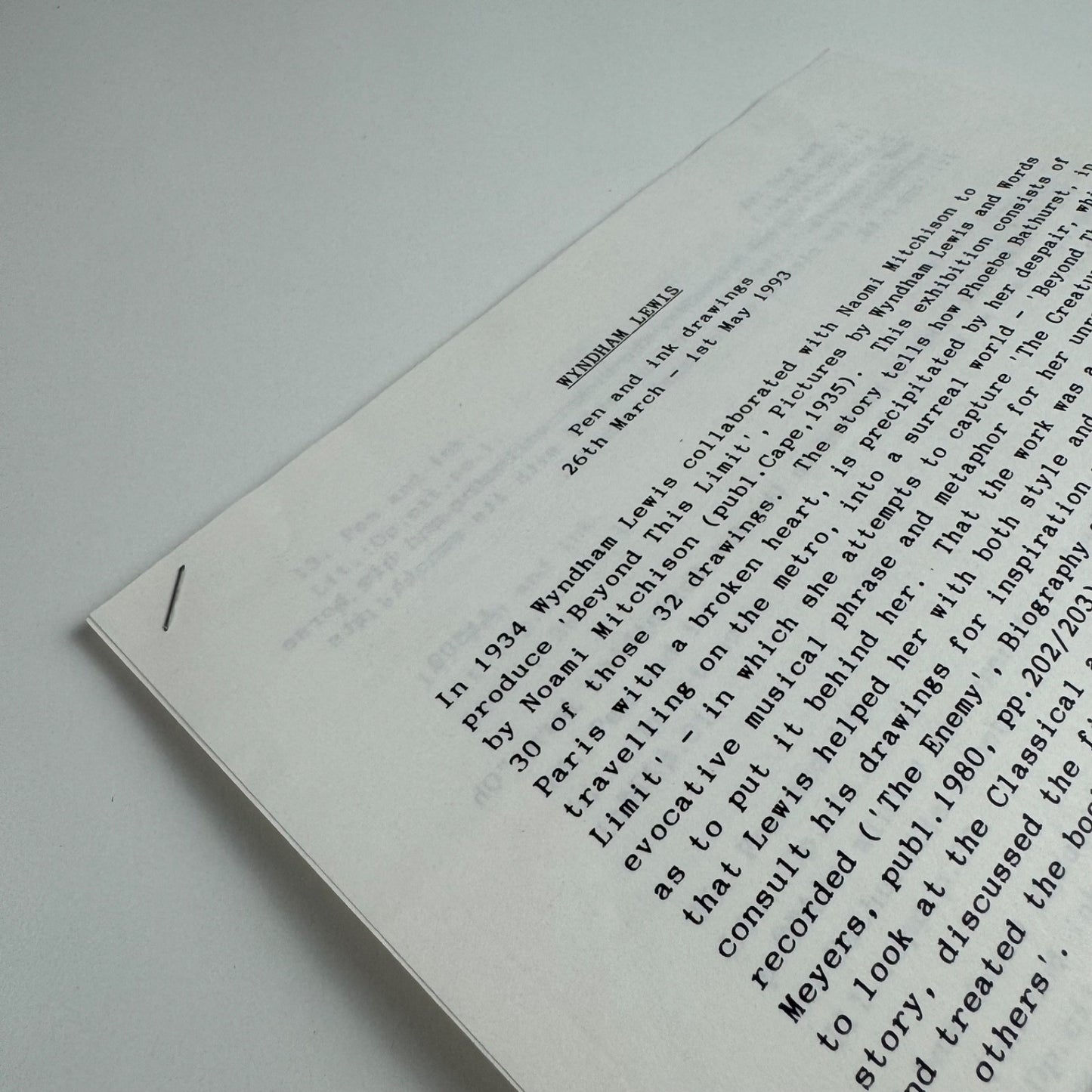 Leaflet detailing Wyndham Lewis. Pen and ink drawings at Abbott & Holder exhibition 1993