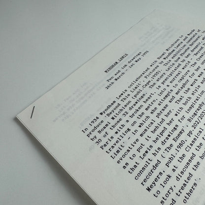 Leaflet detailing Wyndham Lewis. Pen and ink drawings at Abbott & Holder exhibition 1993