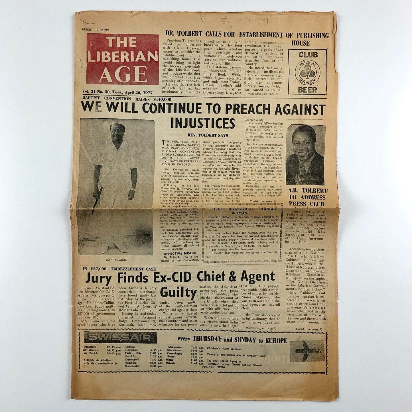 The Liberian Age newspaper | Vol. 31, No. 30, Tuesday April 26, 1977 Dr Tolbert