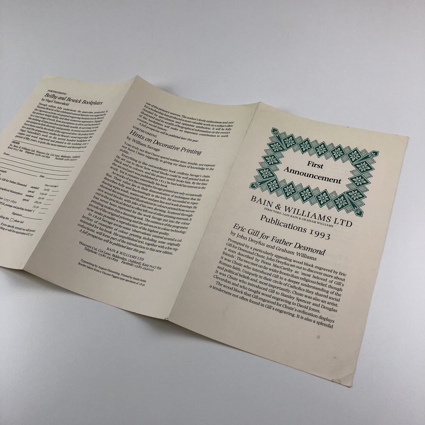 Promotional leaflet – Bain & Williams publications 1993 | Eric Gill, John Dreyfus