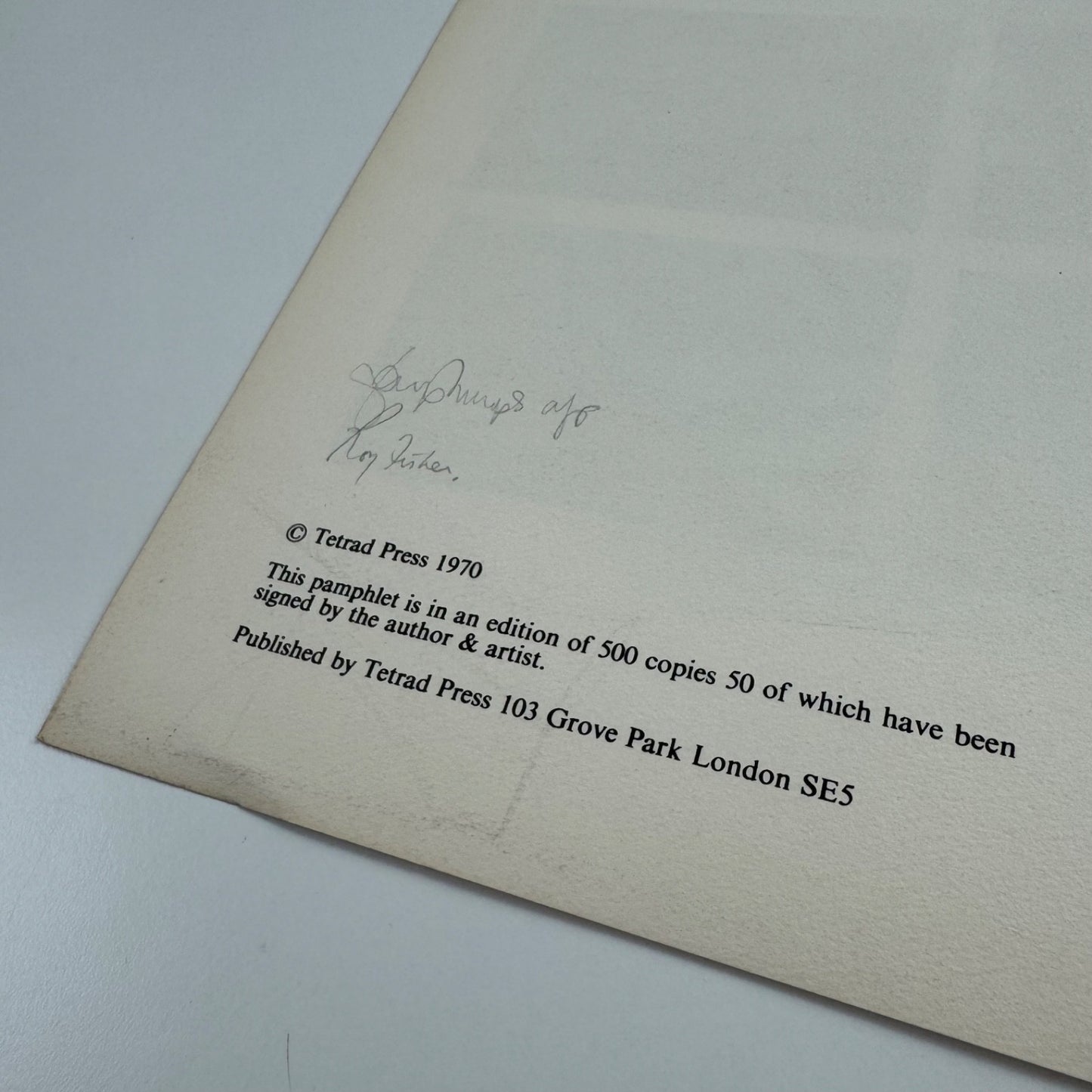 Roy Fisher. Correspondence. Tom Phillips. Tetrad Press, 1970 limited edition signed