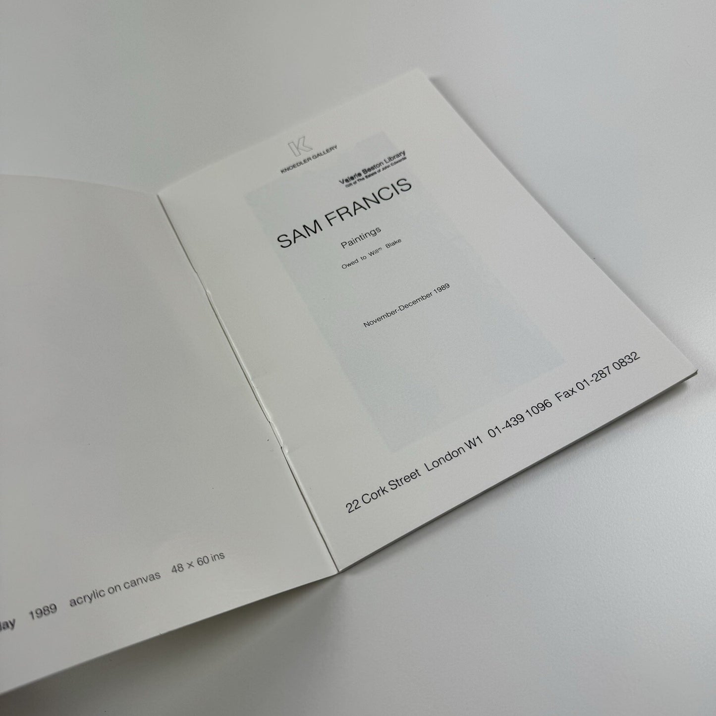 Sam Francis. Paintings | Knoedler Gallery London | Nov-Dec 1989 catalogue