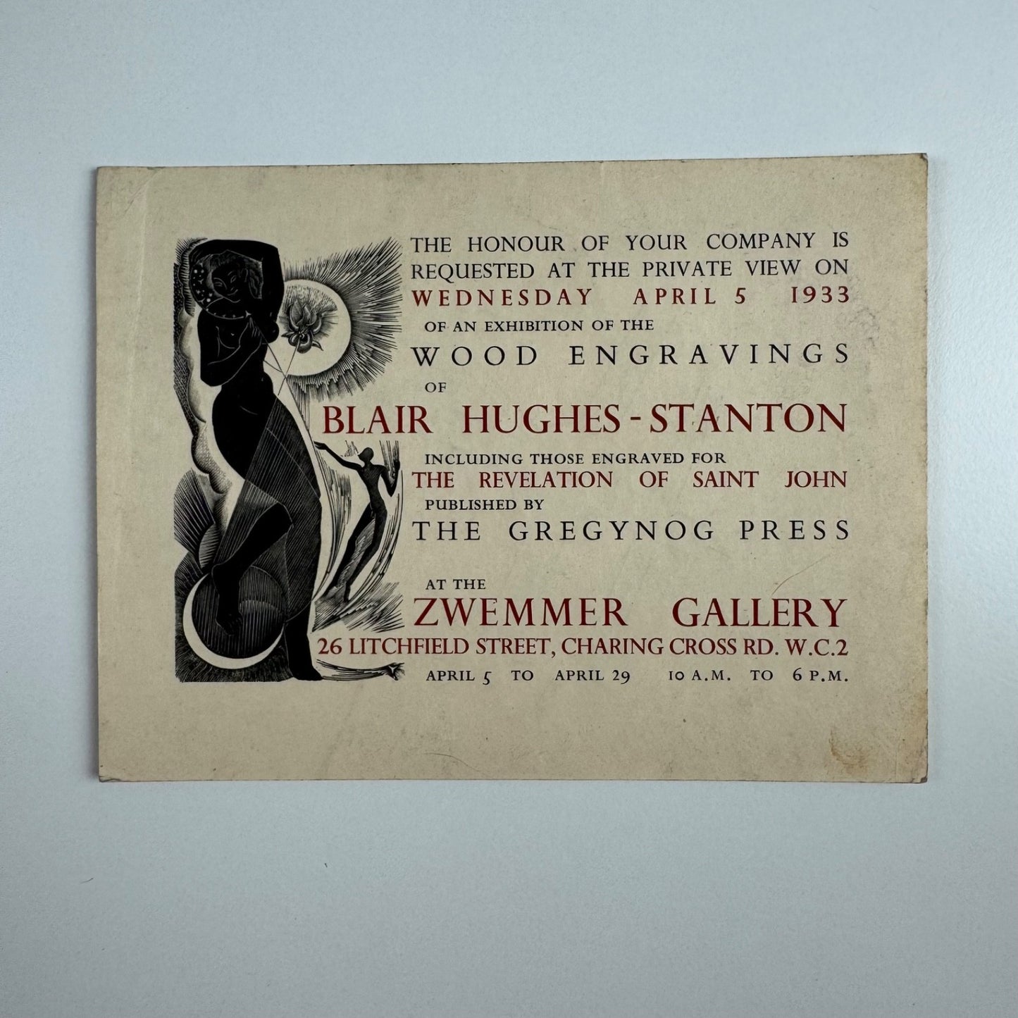 Private view invite for Wood Engavings of Blair Hughes-Stanton wood-engravings Zwemmer Gallery 1933