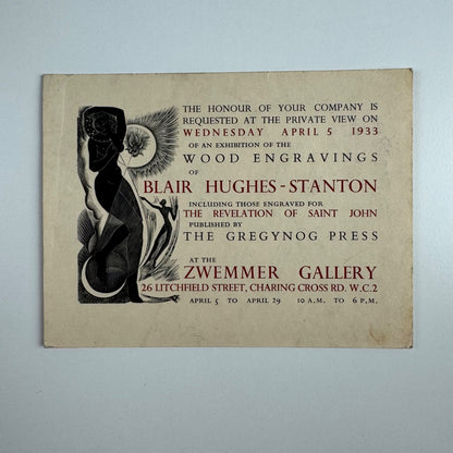 Private view invite for Wood Engavings of Blair Hughes-Stanton wood-engravings Zwemmer Gallery 1933