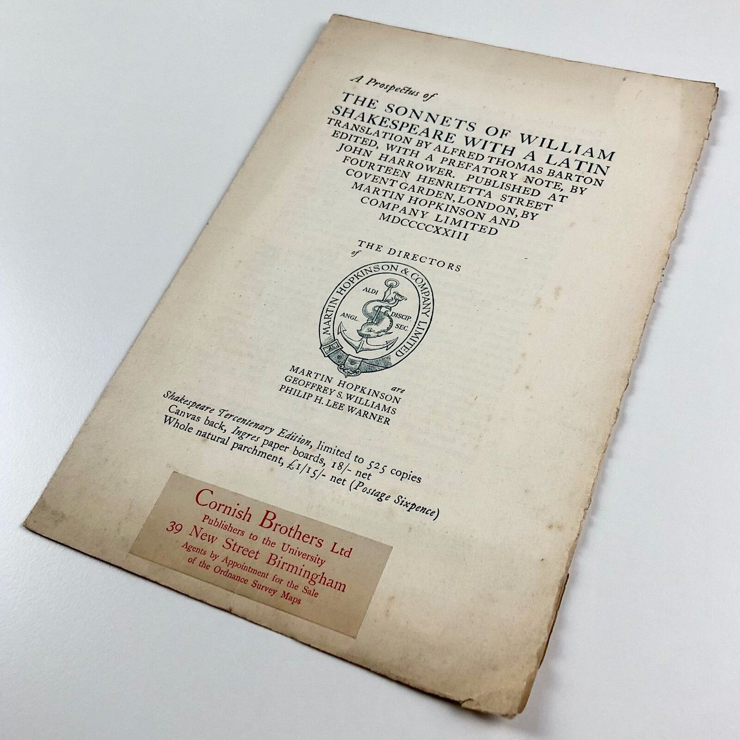 Prospectus for The Sonnets of William Shakespeare | John Harrower | Martin Hopkinson and Company, 1923