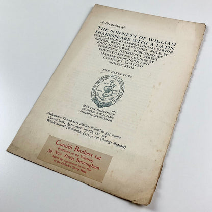 Prospectus for The Sonnets of William Shakespeare | John Harrower | Martin Hopkinson and Company, 1923