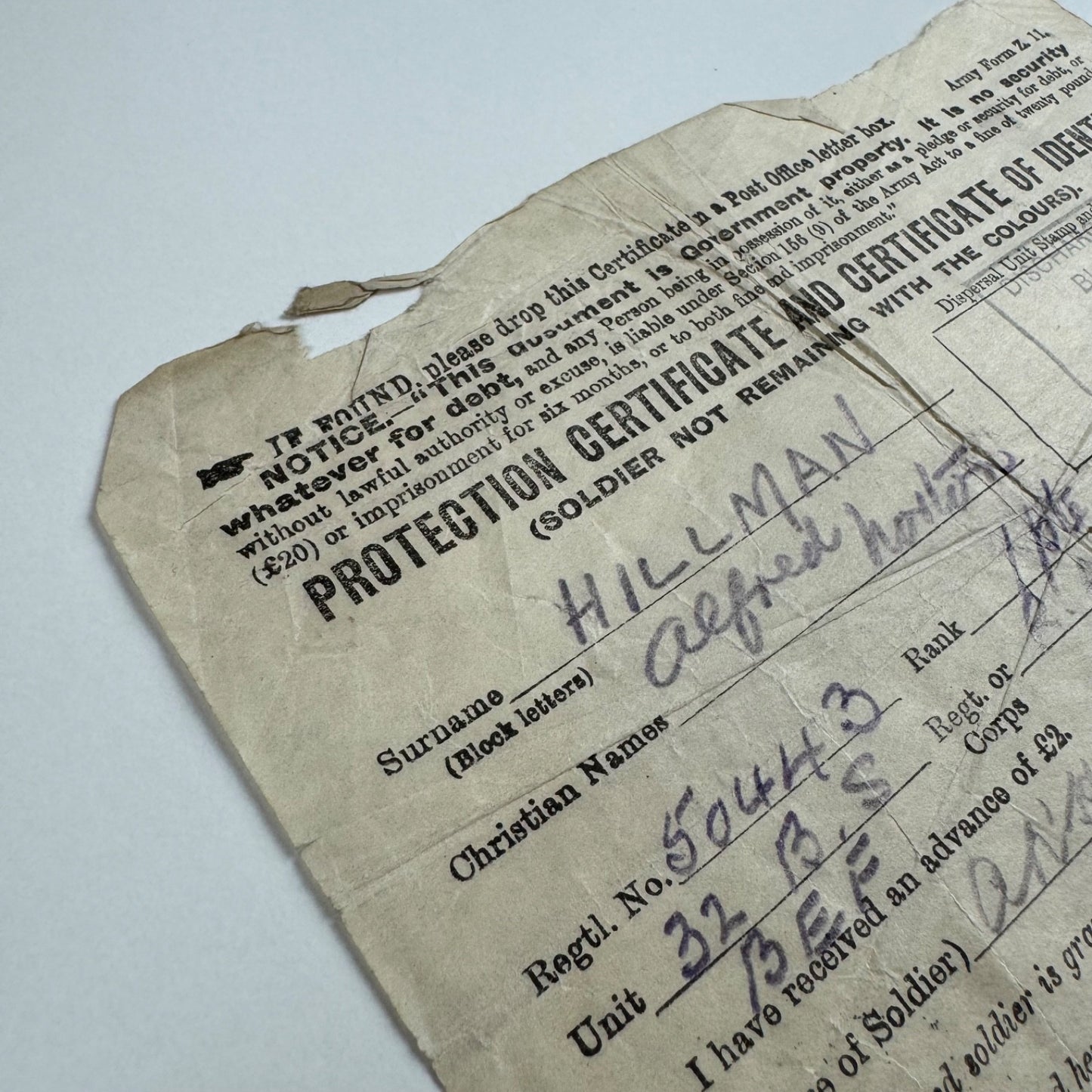 Identity certificate for Alfred Norton Hillman balloon hand 32 B.S. B.E.F. British Expeditionary Force in France. Dated 2 January 1919