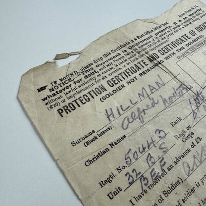 Identity certificate for Alfred Norton Hillman balloon hand 32 B.S. B.E.F. British Expeditionary Force in France. Dated 2 January 1919