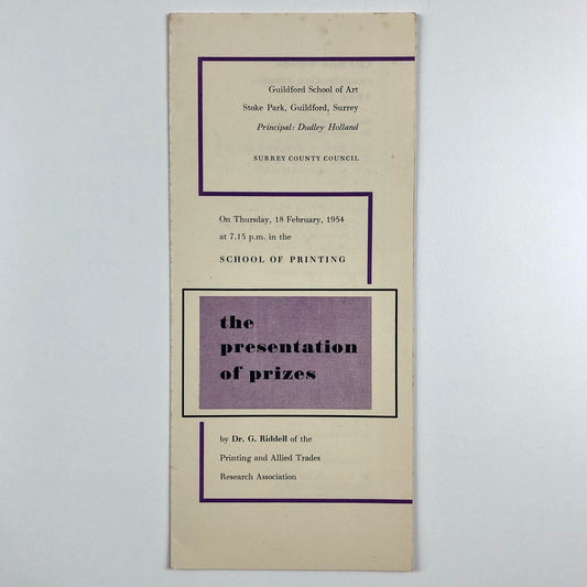 Guildford School of Printing – 'The Presentation of Prizes' leaflet, 1954