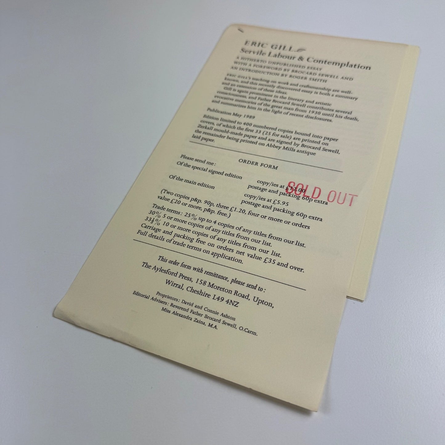 Four leaflets/order forms for The Aylesford Press books, c. 1988/9